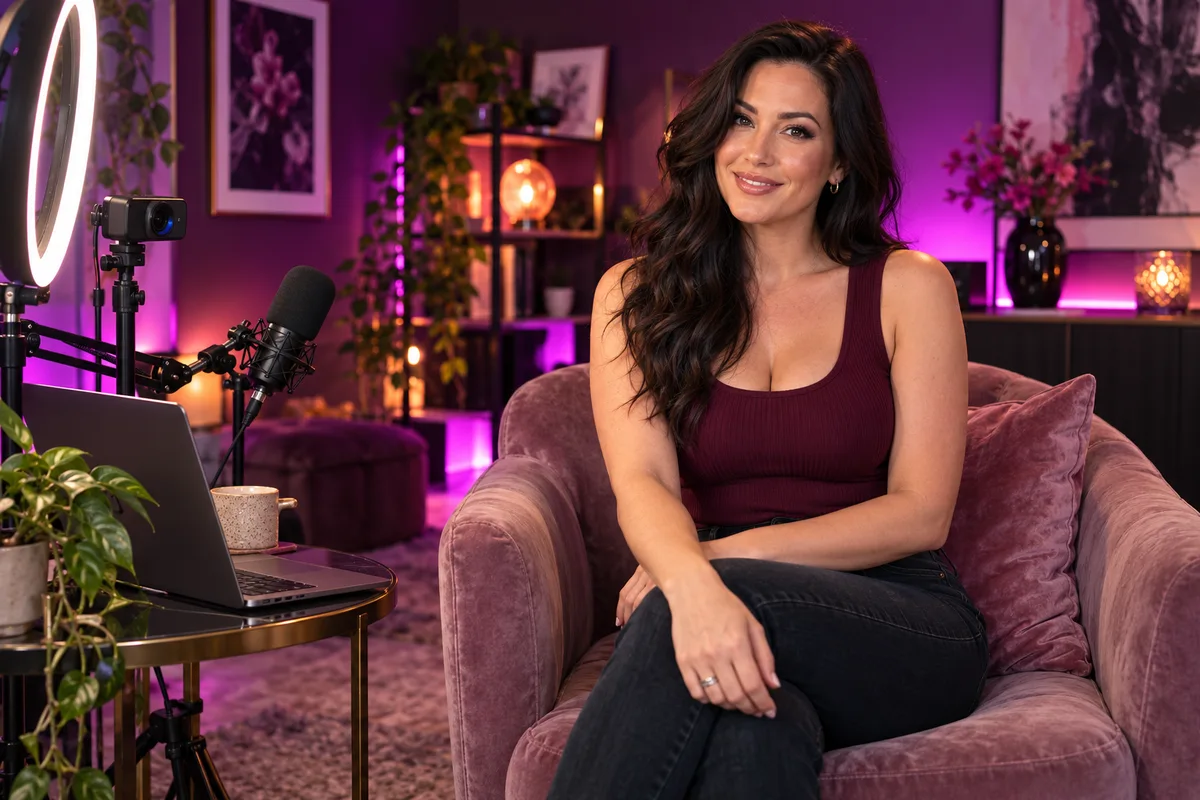 Modelo adulta en un estudio de streaming con cámara e iluminación rosa y morada